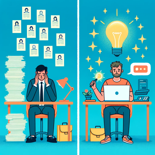 File:DALL·E 2023-10-25 15.30.38 - Illustration of a split scene On the left, a stressed candidate is sitting at a desk, surrounded by stacks of CVs and traditional assessment tests..png